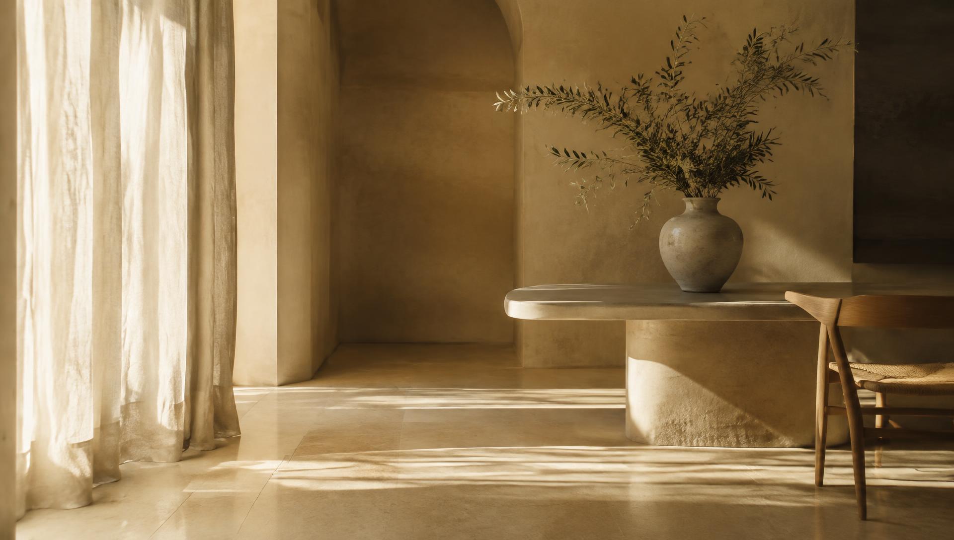 Illustrative image: quiet sunlit interior with linen and olive branches
