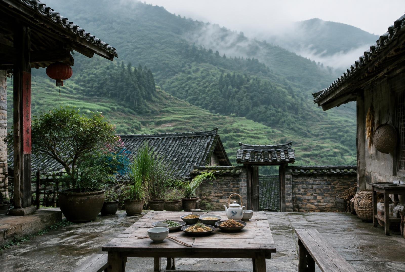 Illustrative image: courtyard in misty Yunnan hills with a table of home-cooked dishes